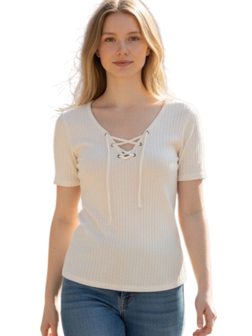 American Eagle Outfitters Cream Ribbed Lace-Up Short Sleeve Top